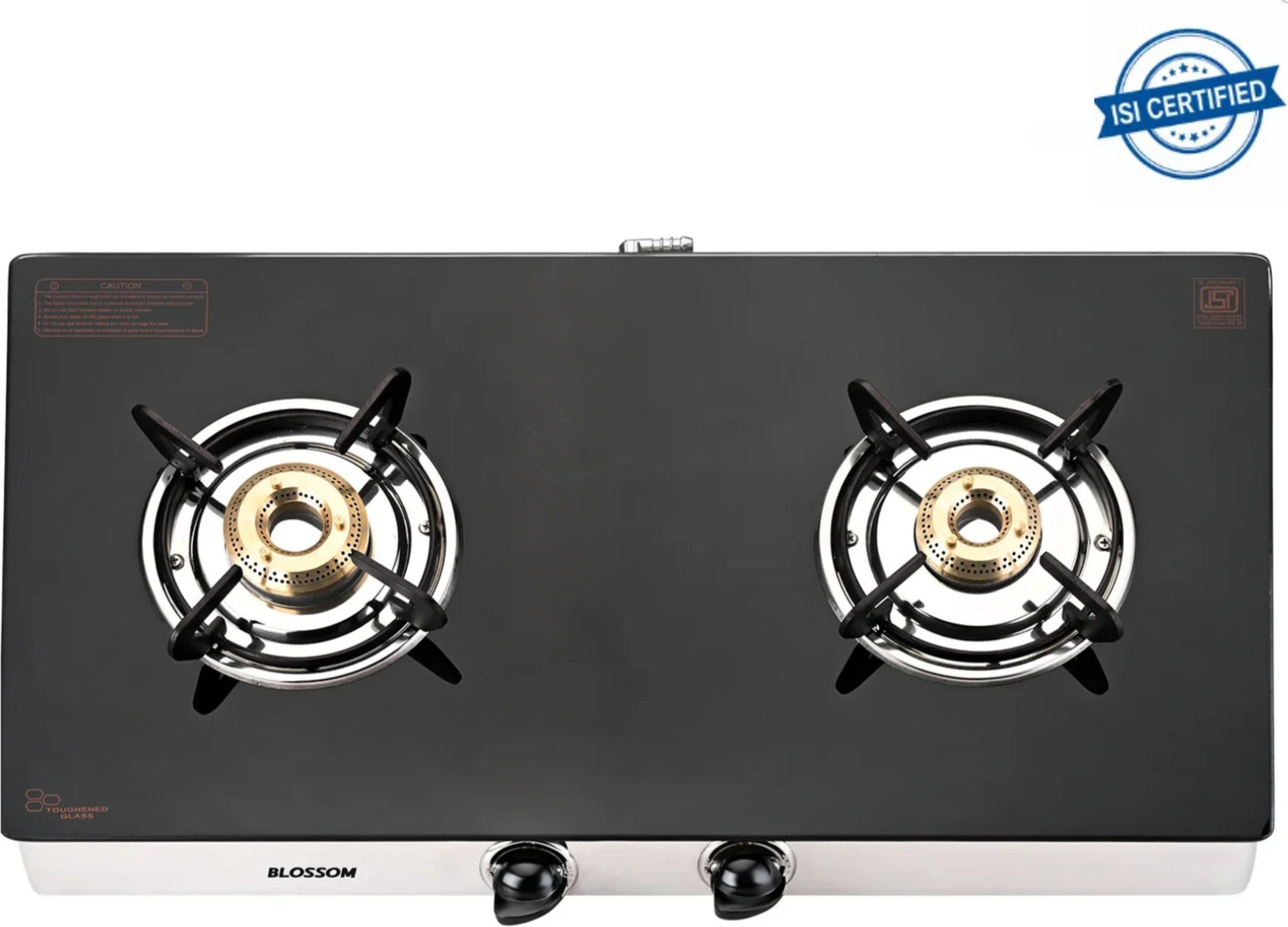 Image of BLOSSOM 2 Burner Black Glass Top Gas Stove with Brass Burners and Stainless Steel Manual Gas Stove (2 Burners)