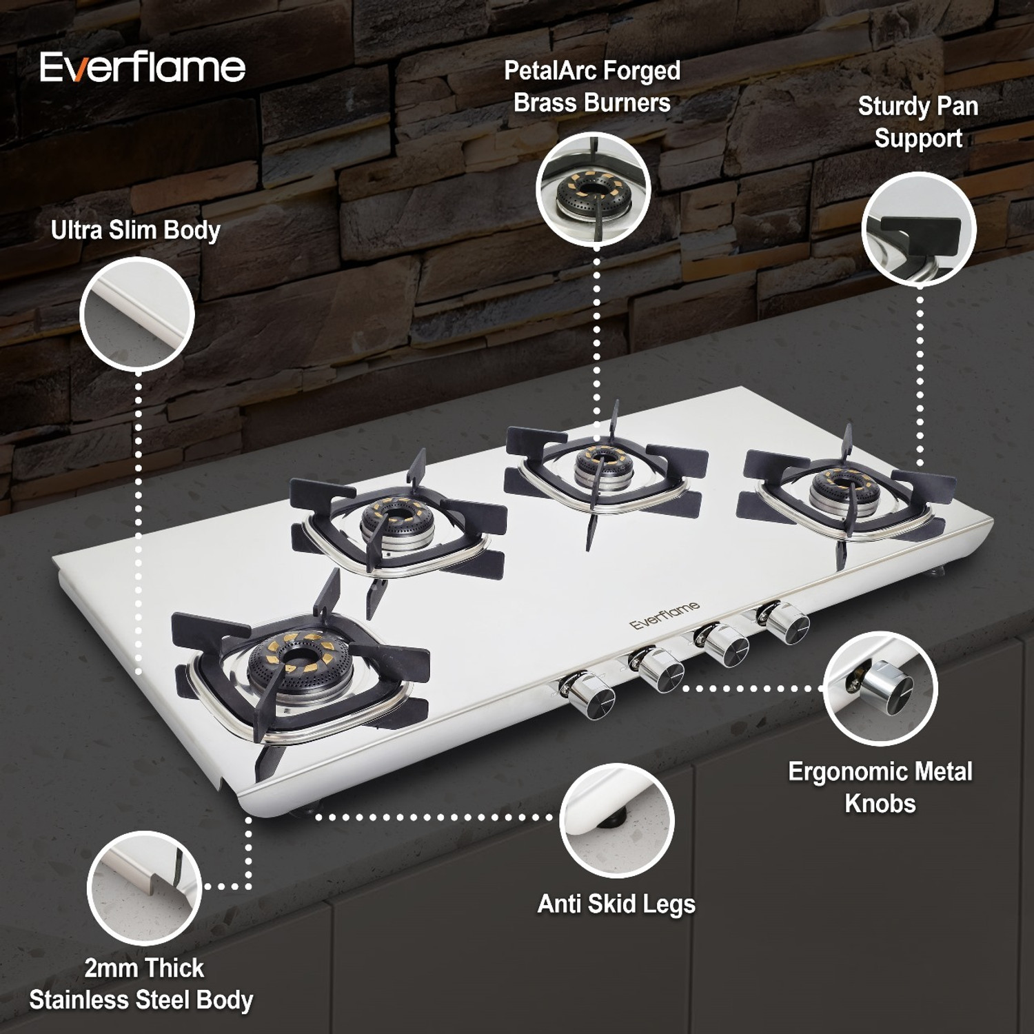 Image of Everflame Photon 4 Burner Gas Stove Long Heavy & Durable 5G AI Stainless Steel Manual Gas Stove