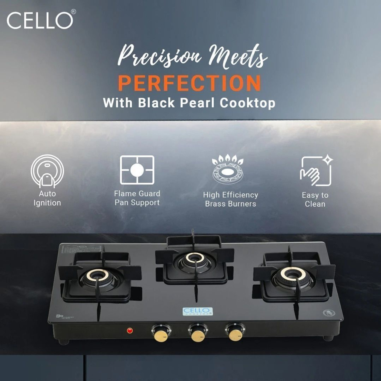 Image of CELLO Black Pearl 3 Burner Toughened Glass Top Gas Stove, Brass Burners, Black Finish Glass Automatic Gas Stove