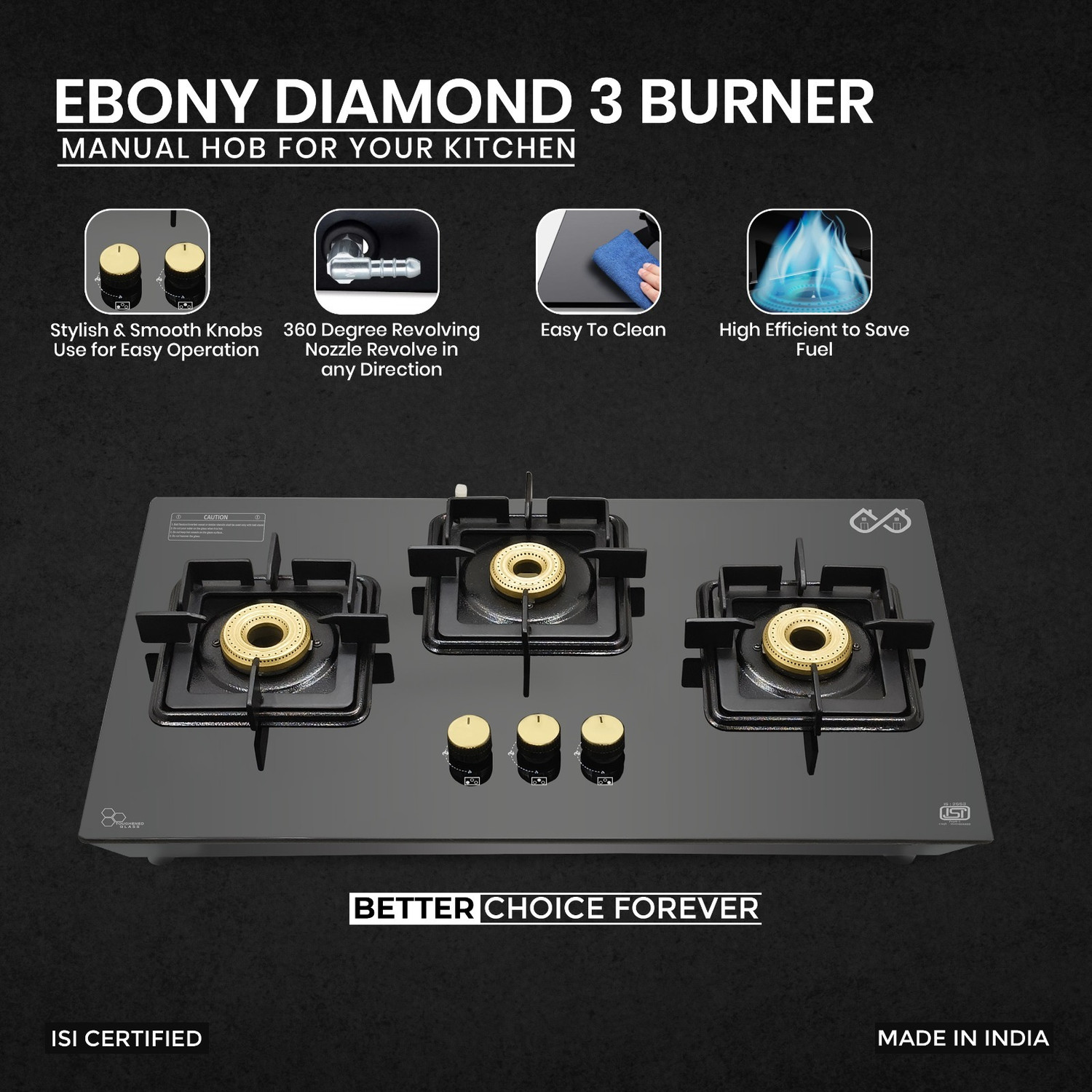 Image of Sigri-wala Ebony Diamond 3 Burner Hob Top Glass Manual Hob