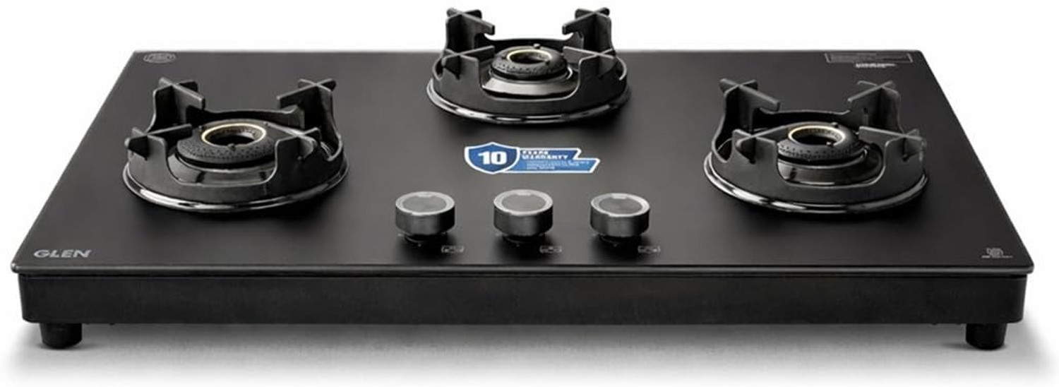 Image of Glen Premium LPG Gas Stove 3 Burner | Matt Glass & Frame | Forged Brass Burners | Glass Manual Gas Stove