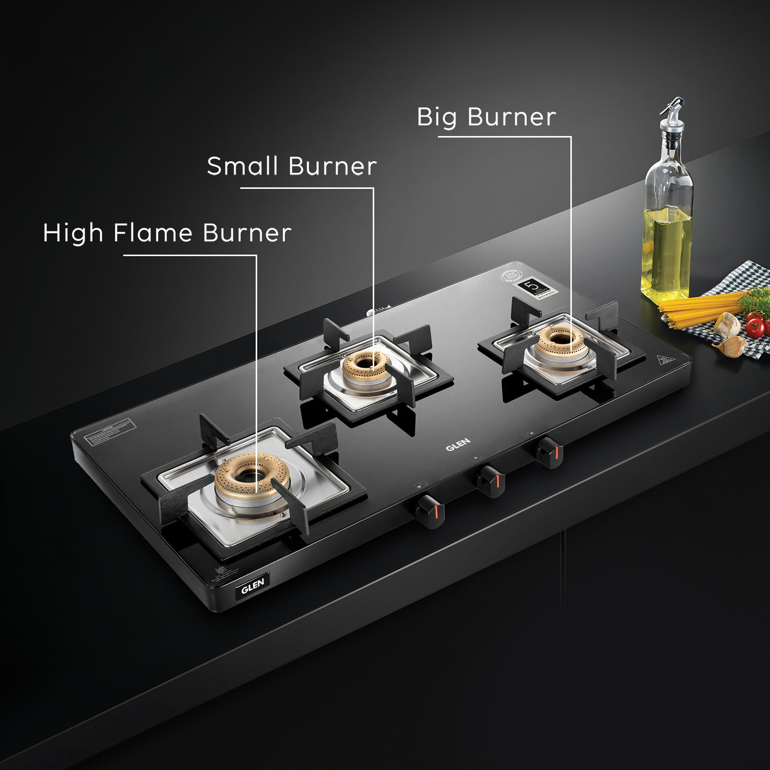 Image of Glen Ultra Slim Glass Gas Stove with 3 High Flame Forged Brass Burner CT1035USBL Glass Manual Gas Stove