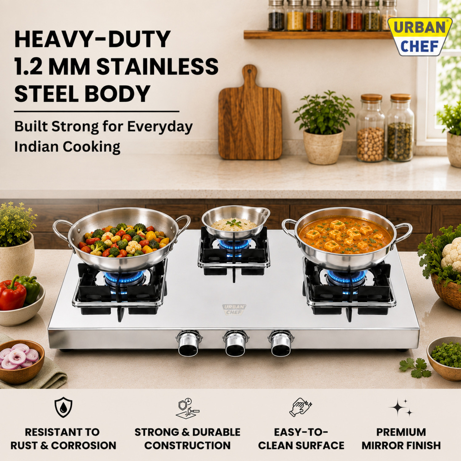 Image of Urban Chef Manual Ignition LPG Gas Stove|Heavy-Duty 1.2mm SS Body | ISI Certified Stainless Steel Manual Gas Stove (3 Burners)