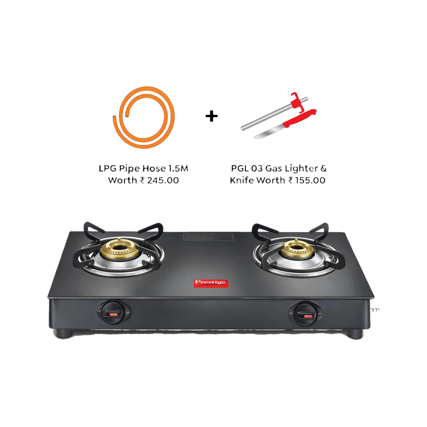 Prestige Atlas Plus Toughened Glass top with Lighter Knife and Hose Pipe Glass Manual Gas Stove
