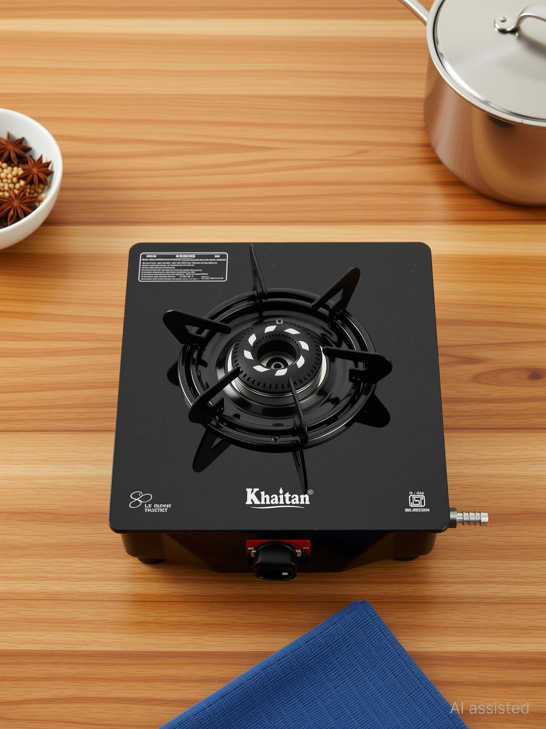 Image of Khaitan Selios 1 Burner Black Toughened Glass Manual Gas Stove
