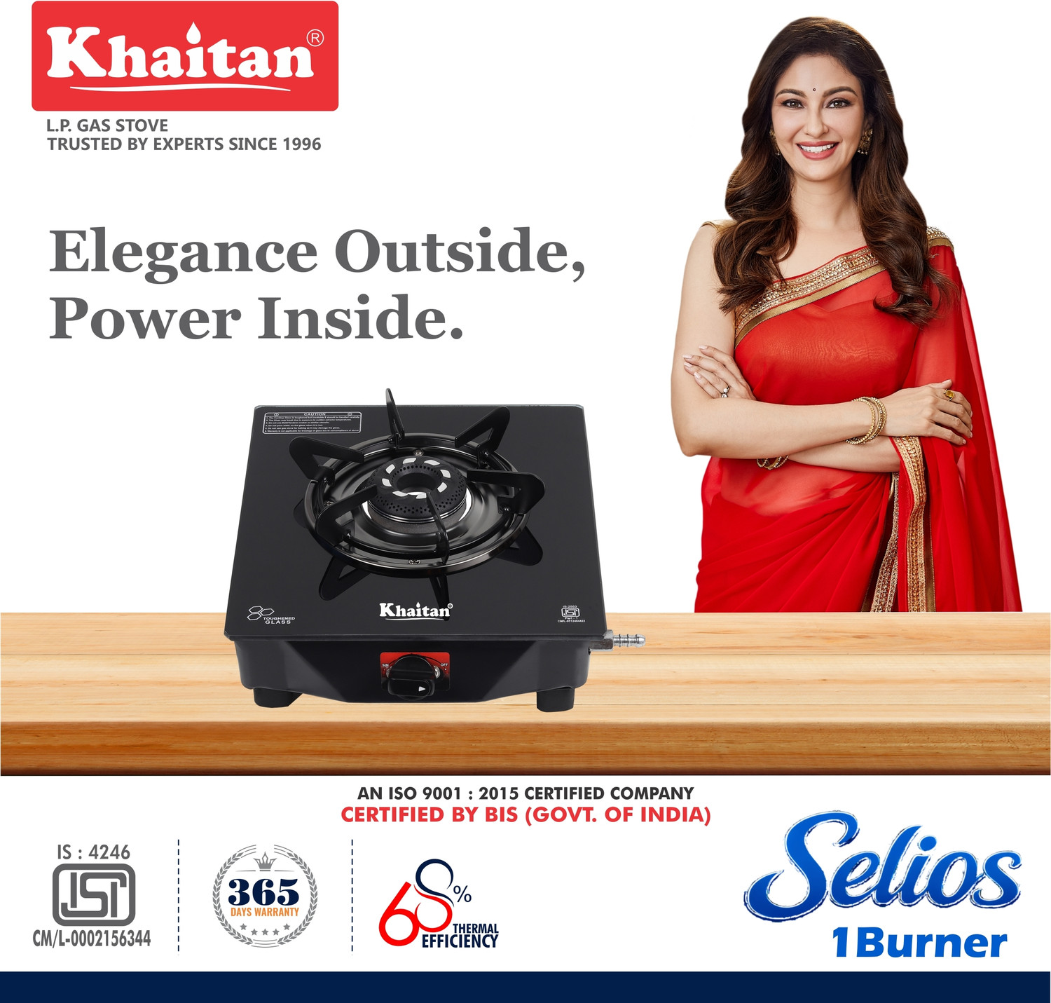 Image of Khaitan Selios 1 Burner Black Toughened Glass Manual Gas Stove