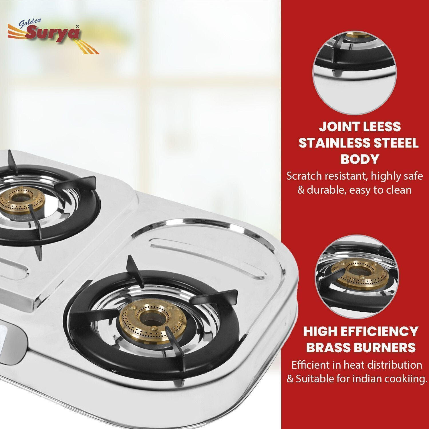 Image of Golden Surya Premium Jointless Stainless Steel Frame, 3 Brass Burner, 18 Months Warranty LPG Stainless Steel Manual Gas Stove