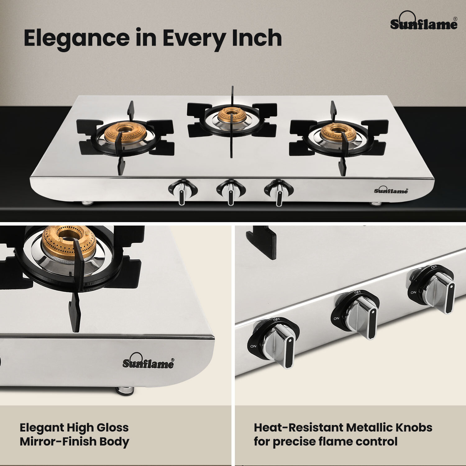 Image of Sunflame 3 Burner Gas Stove with 2 MM Mirror Finish Design, Forged Brass Burners Stainless Steel Manual Gas Stove