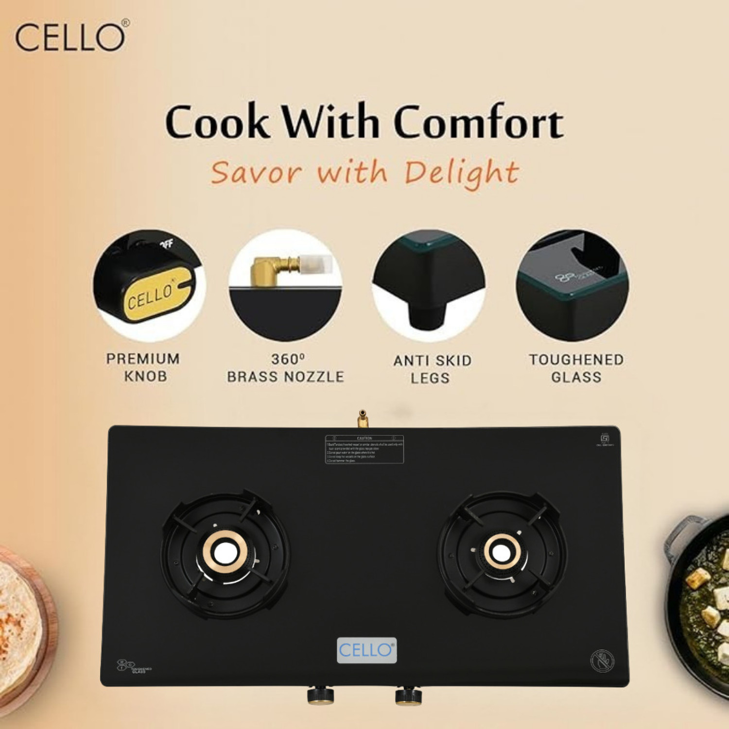 Image of CELLO Granito 2 Burner Black Gas Cooktop, Dual Shade Toughened Glass, ISI Certified Glass Manual Gas Stove