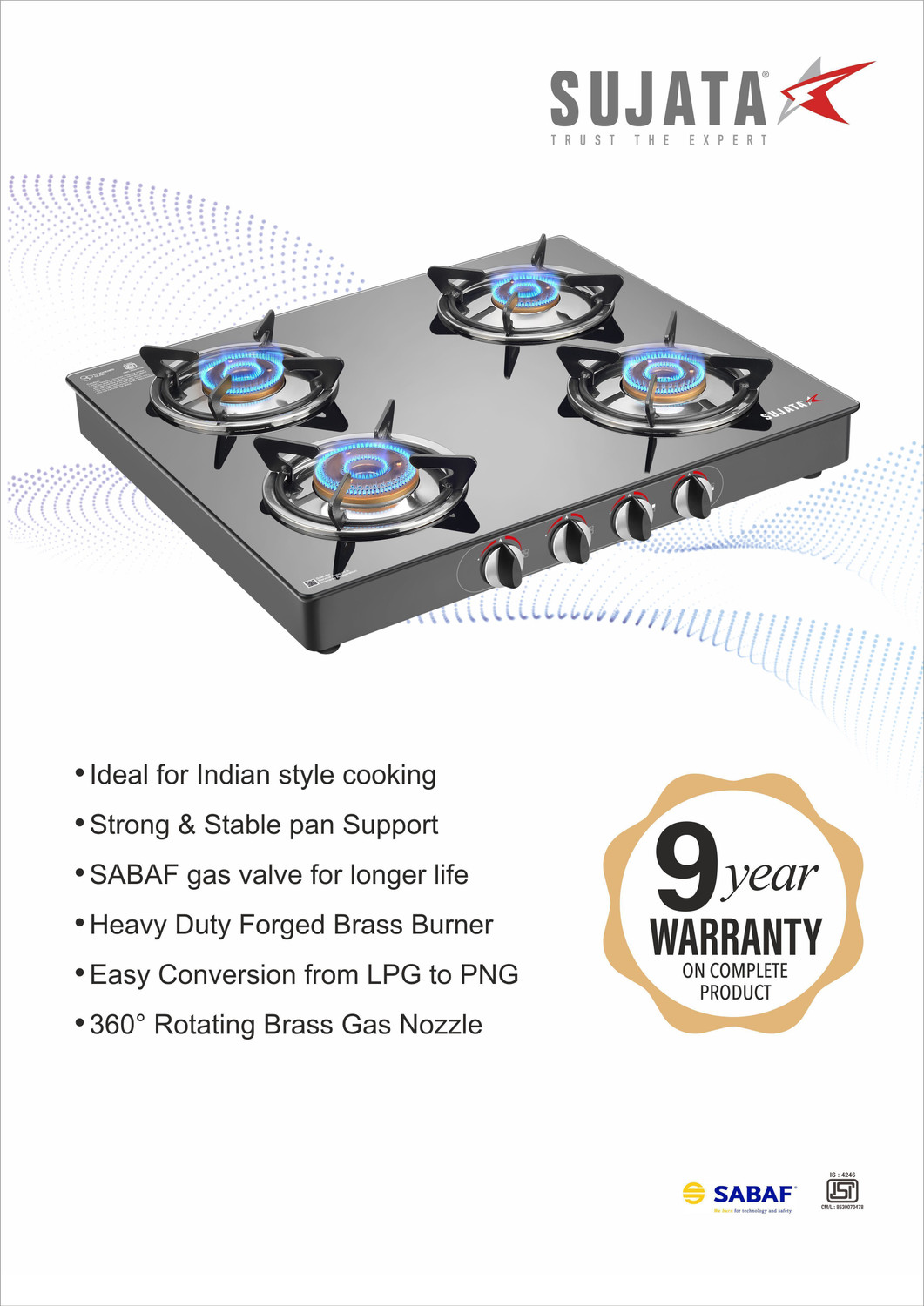 Image of SUJATA Gas Stove 4 Burner |Gas Chulha for Kitchen | ISI Certified |LPG & PNG Compatible Glass Manual Gas Stove