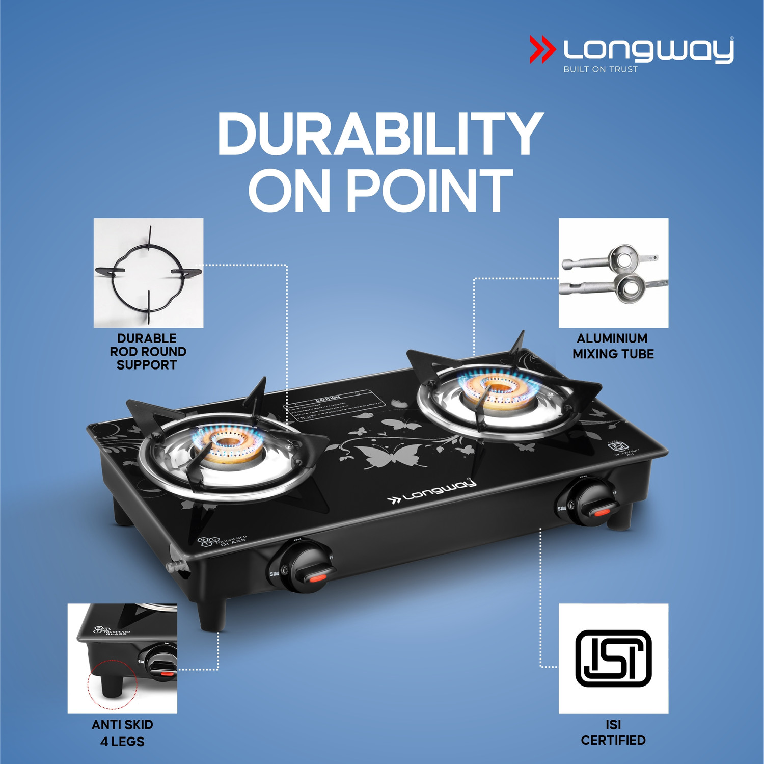 Image of Longway Astra Premium ISI Certified, Glass Top, 2 Burner Ignition Stainless Steel, Glass Manual Gas Stove