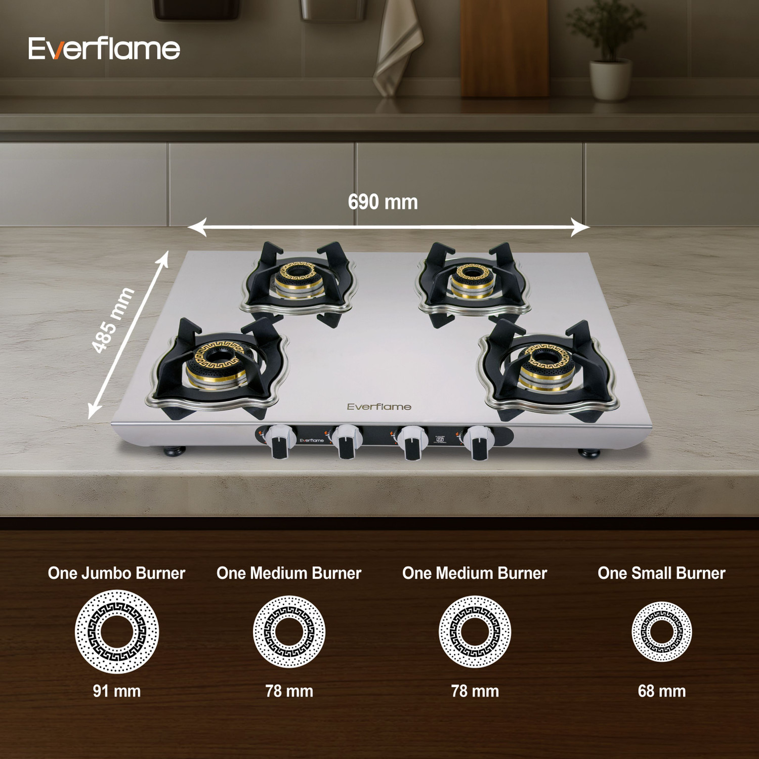 Image of Everflame Marvel 4 Burner Gas Stove | 6G Forged Brass Burner | AI Slim Body Durable Stainless Steel Manual Gas Stove