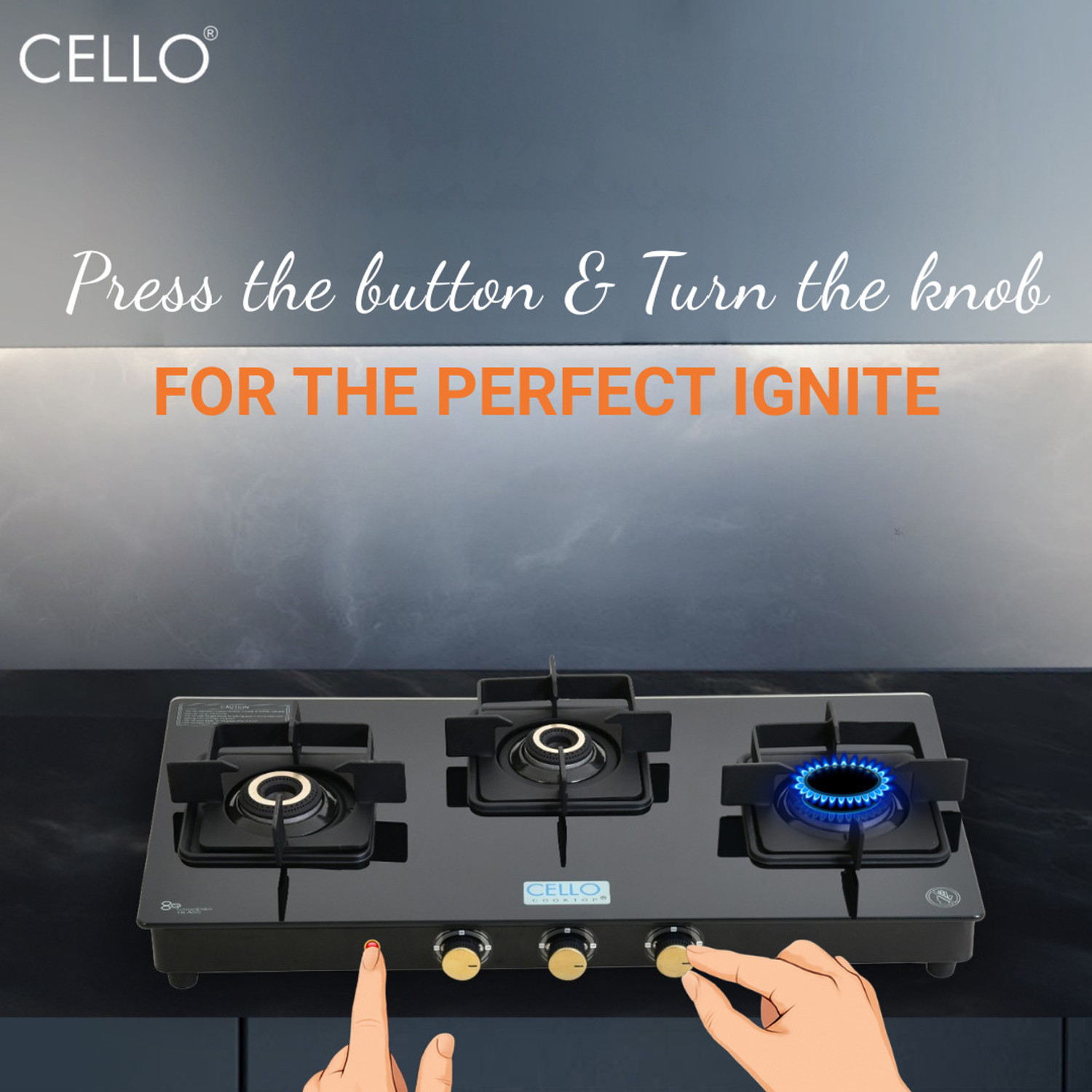 Image of CELLO Black Pearl 3 Burner Toughened Glass Top Gas Stove, Brass Burners, Black Finish Glass Automatic Gas Stove