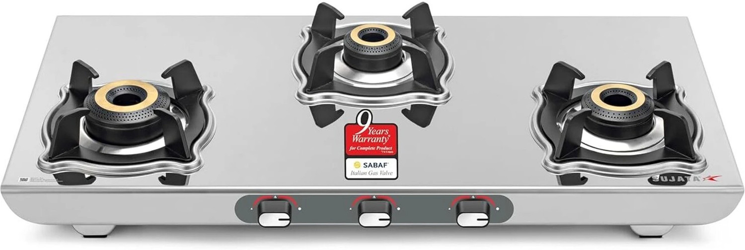 Image of SUJATA SUJATA Majestic 3 Burner Auto Ignition Gas Stove | Gas Chulha | ISI Certified | Stainless Steel Automatic Gas Stove