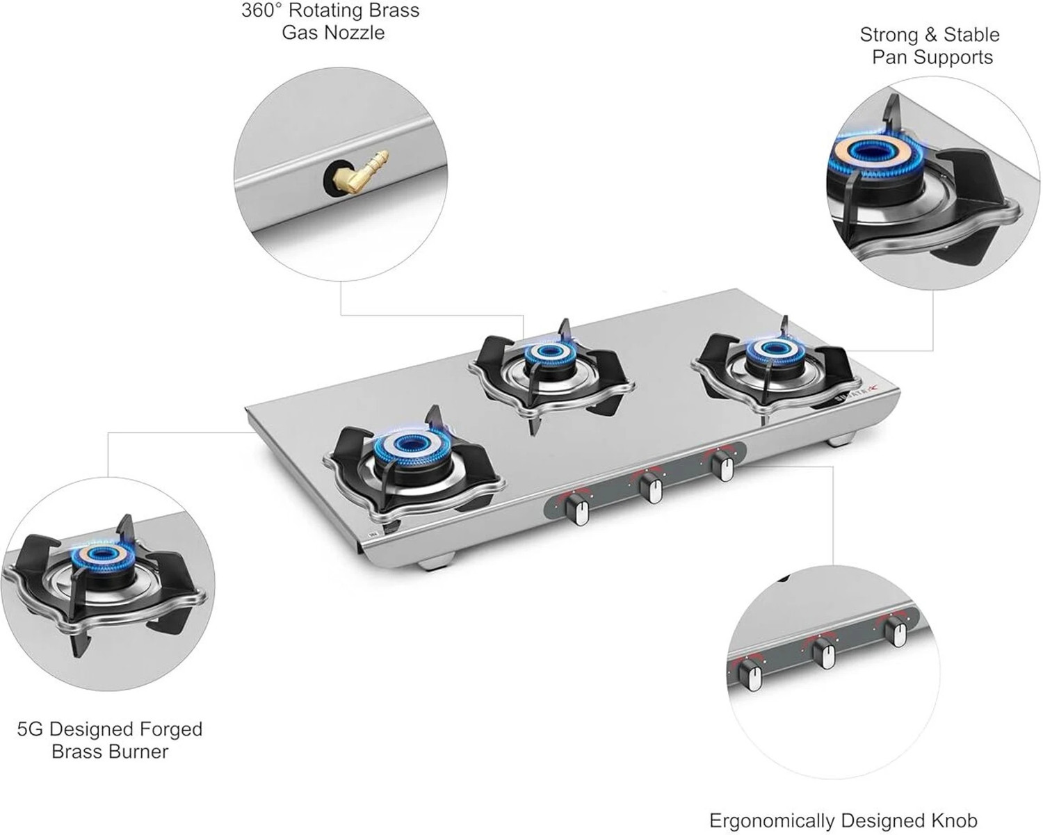 Image of SUJATA SUJATA Majestic 3 Burner Auto Ignition Gas Stove | Gas Chulha | ISI Certified | Stainless Steel Automatic Gas Stove