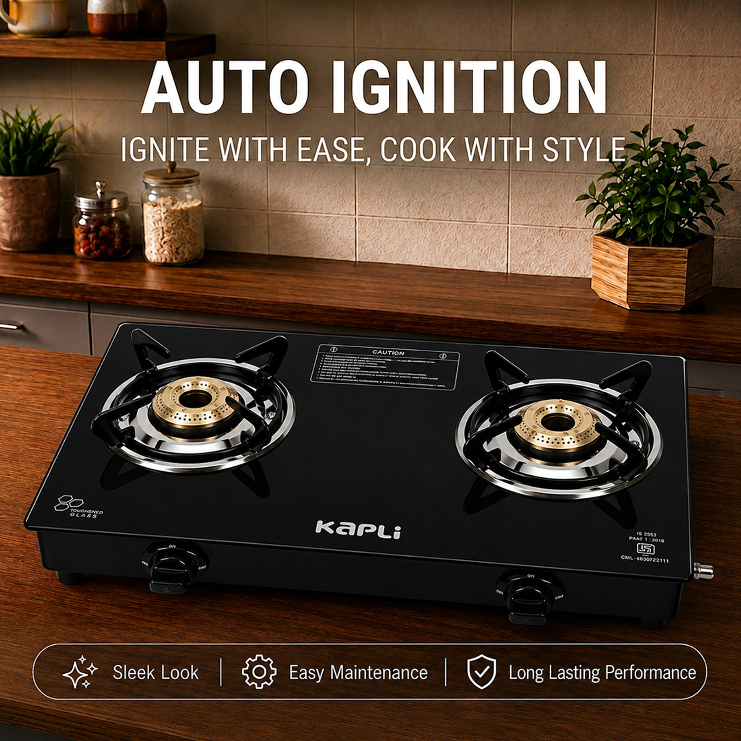 Image of KAPLI Automatic Ignition High Efficiency Burner Gas Stove For LPG Use Glass Automatic Gas Stove