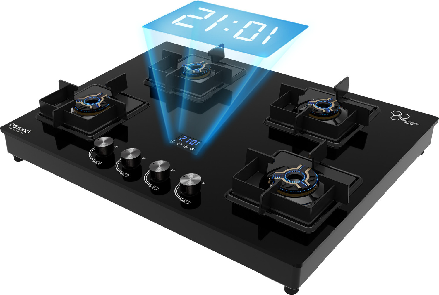 Image of Beyond Appliances Solaria 4 Brass Burners Smart Cooktop, Digital Timer, FFD & Auto Ignition Glass Automatic Hob