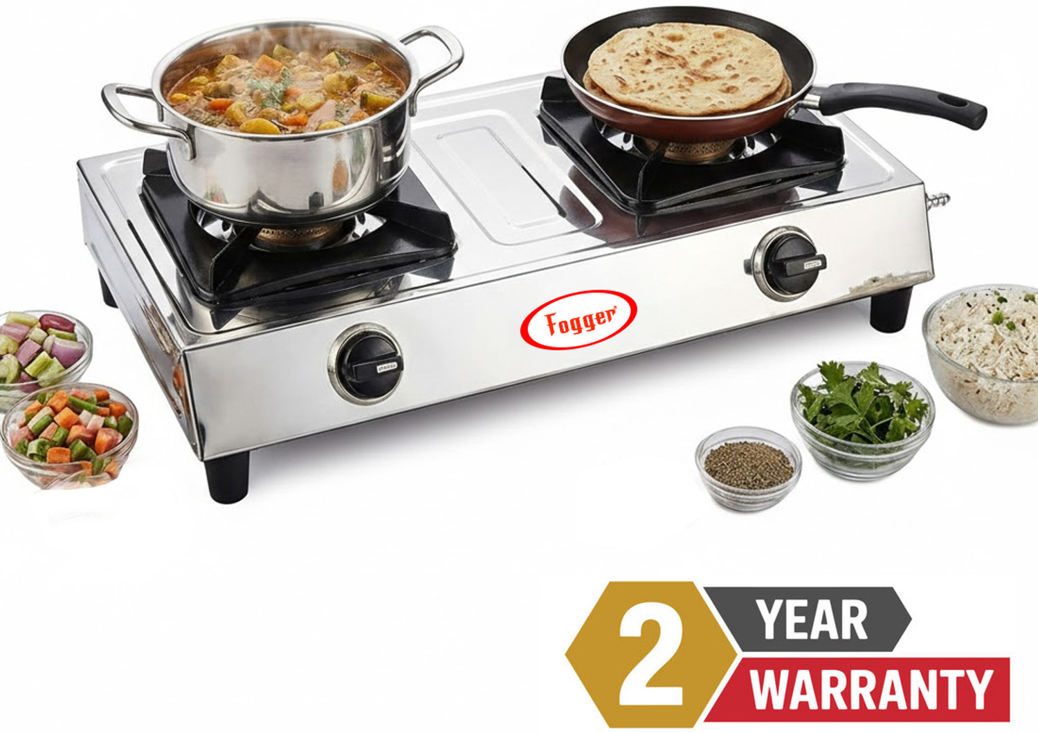 Image of Fogger Two Burner LPG Chulha With CI Burners Stainless Steel Manual Gas Stove