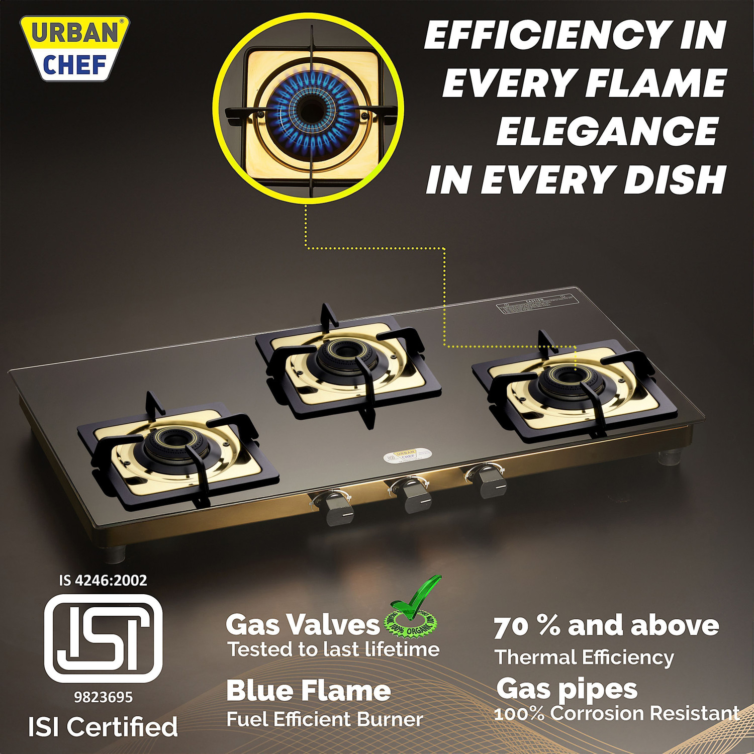 Image of Urban Chef Gas Stove 3 Burner | Gas Chulha for Kitchen | ISI Certified | Gold | Stainless Steel Manual Gas Stove