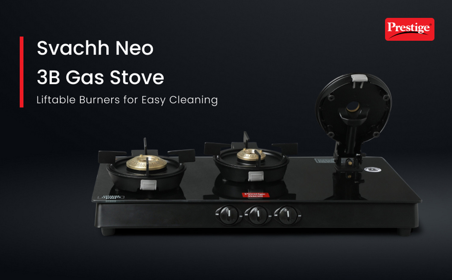 Image of Prestige Svachh Neo Series 3 Burner Glasstop | Liftable Burner Glass Manual Gas Stove