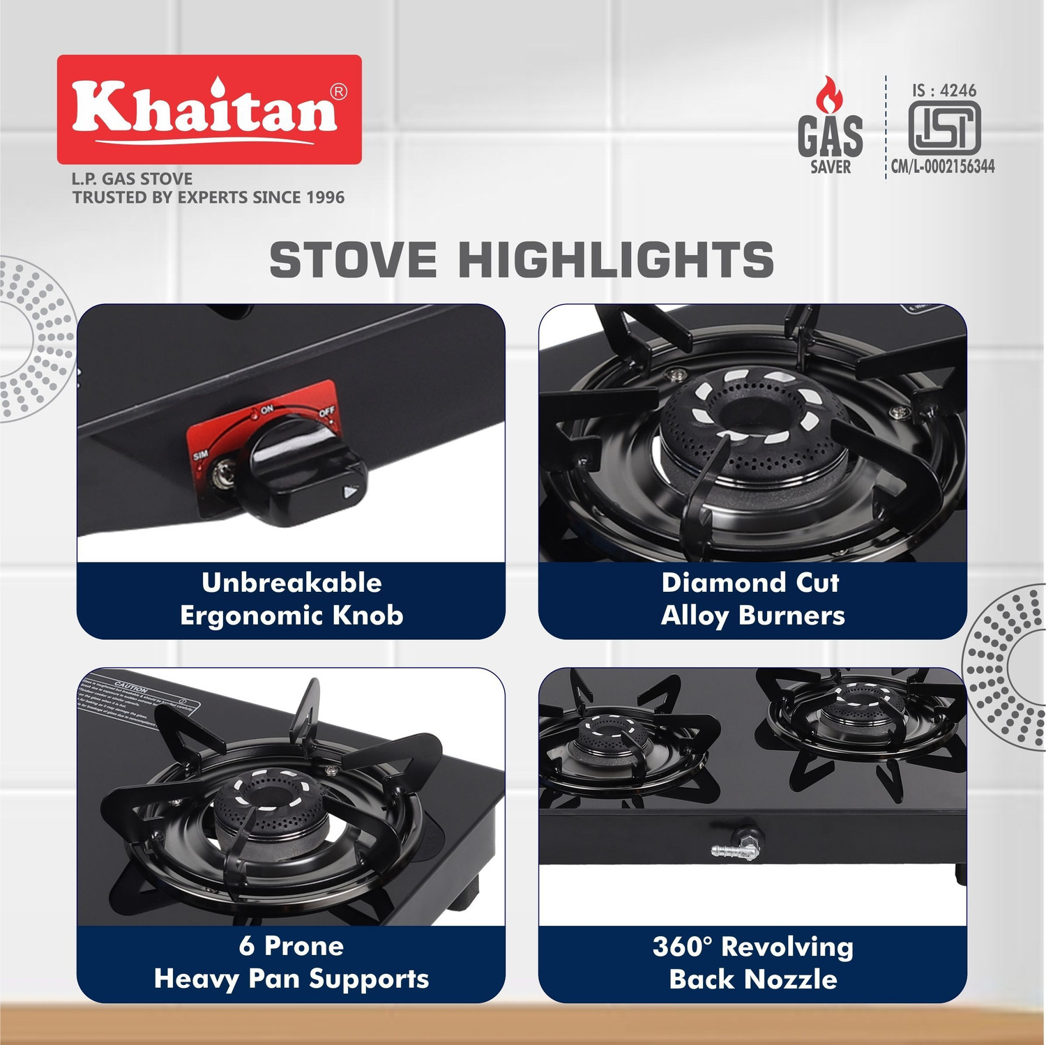 Image of Khaitan 3 Burner Selios Active Black Toughened Glass Manual Gas Stove