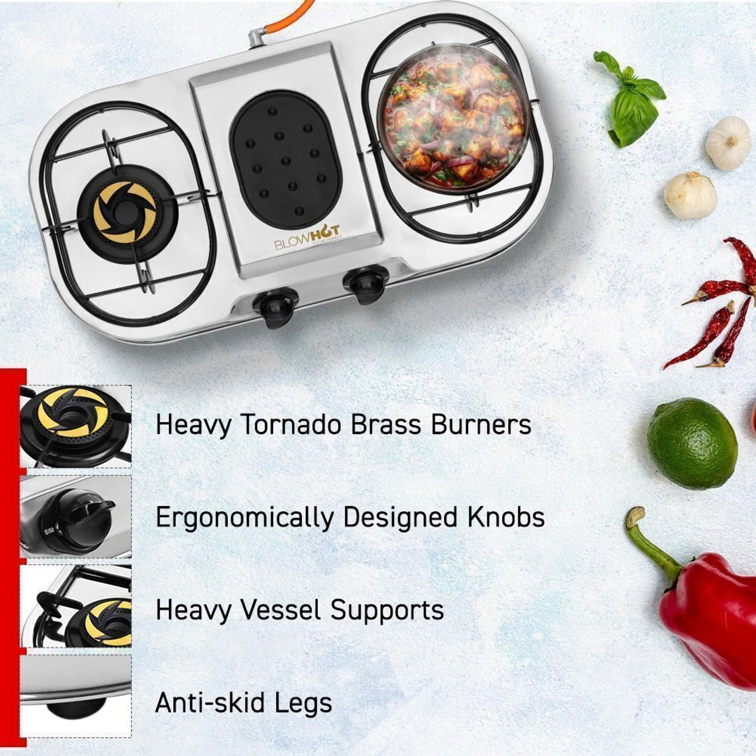 Image of BLOWHOT Onyx Heavy Tornado Brass Burner Stainless Steel Body , 2 Year Warranty Glass, Iron Manual Gas Stove