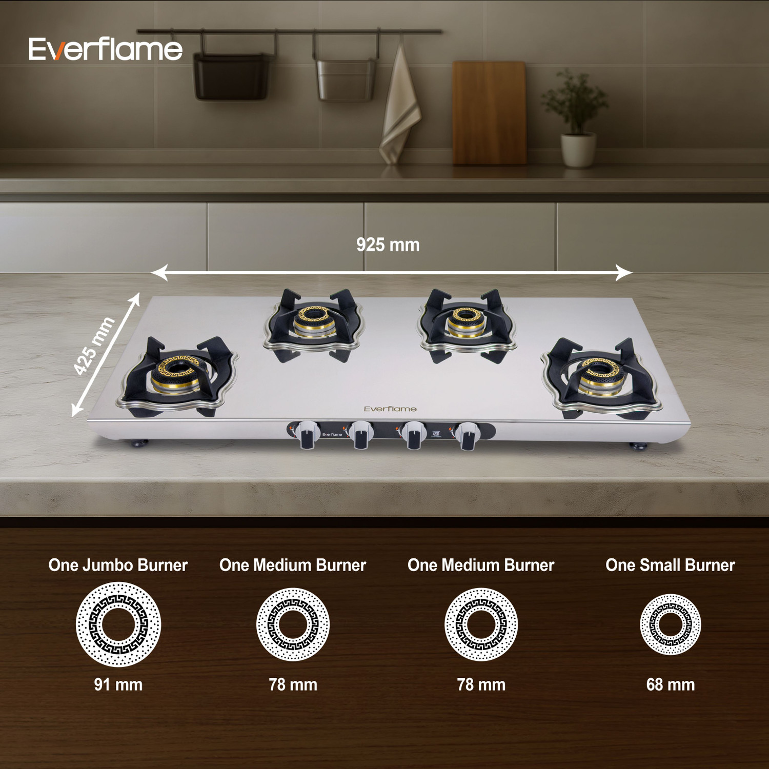 Image of Everflame Marvel 4B Long 6G Forged Brass Burner | AI Gas Saver Technology | Durable Stainless Steel Manual Gas Stove