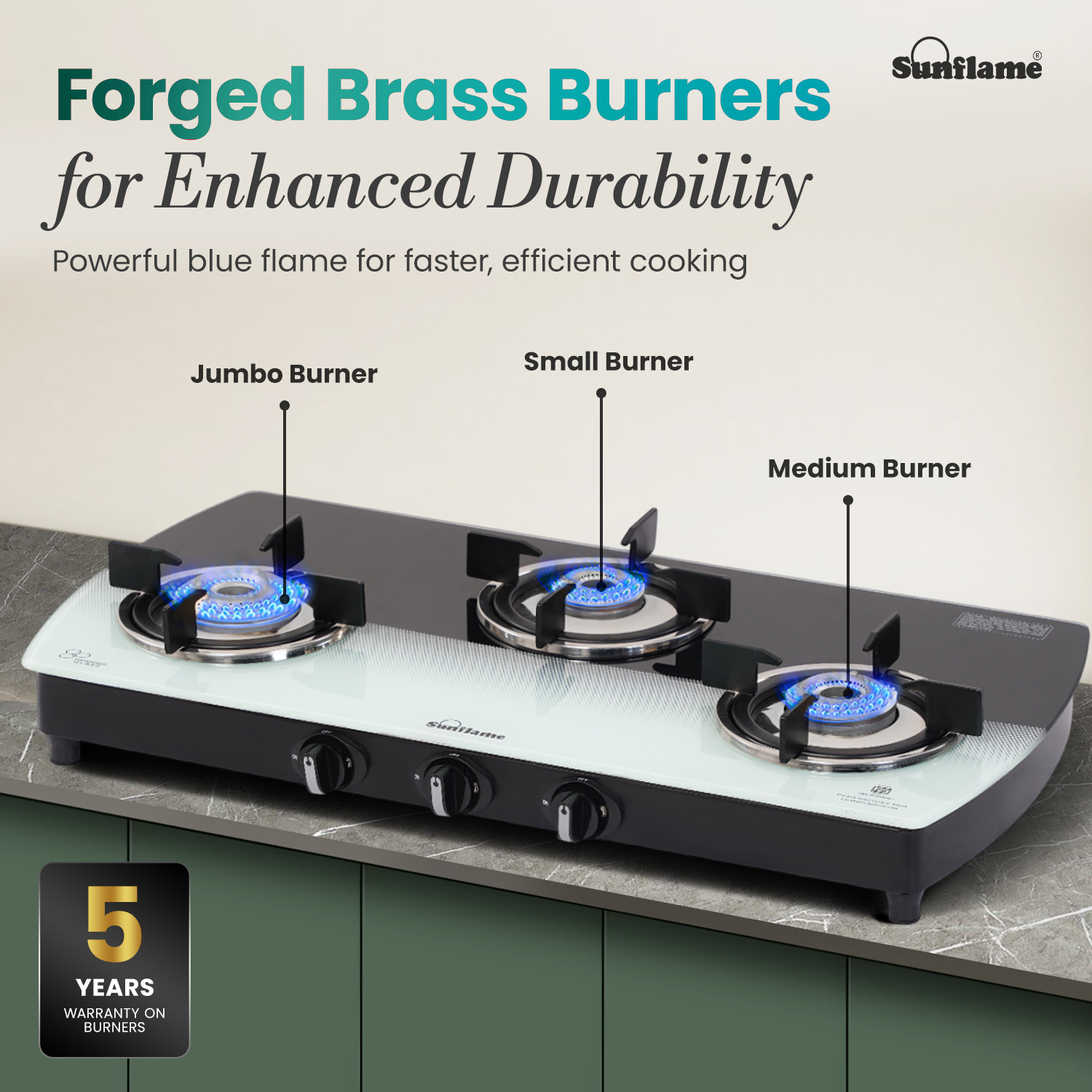Image of Sunflame Gas Stove 3 Burner | 75 cm Wide Body Design | Dual Drip Trays | Glass Manual Gas Stove (3 Burners)