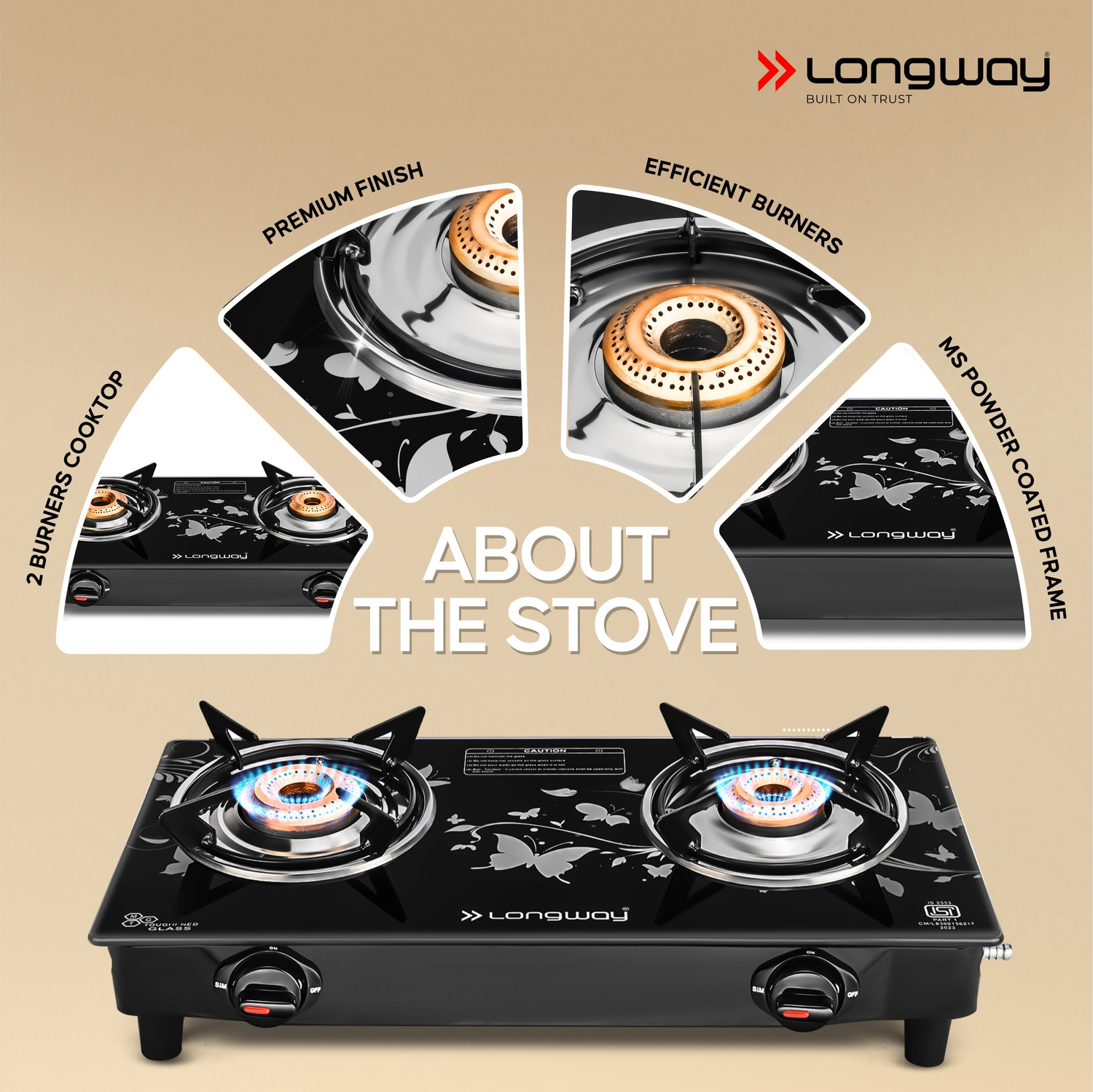 Image of Longway Astra Premium ISI Certified, Glass Top, 2 Burner Ignition Stainless Steel, Glass Manual Gas Stove