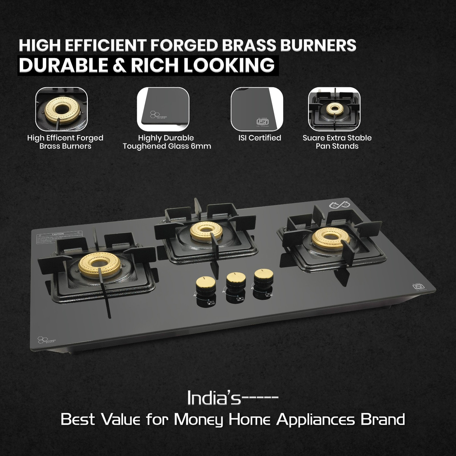 Image of Sigri-wala Ebony Diamond 3 Burner Hob Top Glass Manual Hob