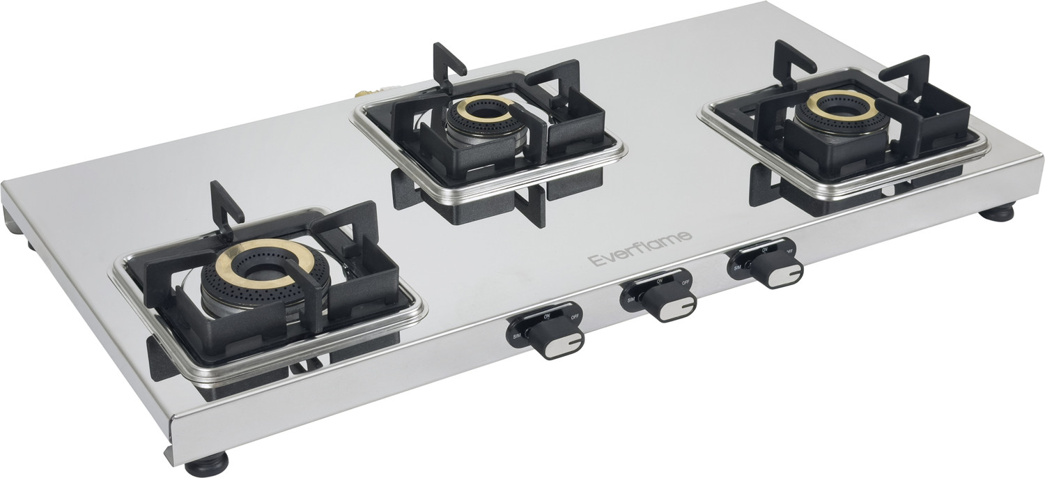 Image of Everflame Prime 3 Burner Gas Stove | ISI Certified | 1.2mm Thick Body | 2 Years Warranty Stainless Steel Manual Gas Stove