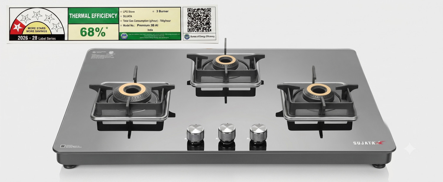 Image of SUJATA SUJATA Gas Stove 3 Burner AI | Gas Chulha | ISI Certified |Premium Stove Glass Automatic Gas Stove