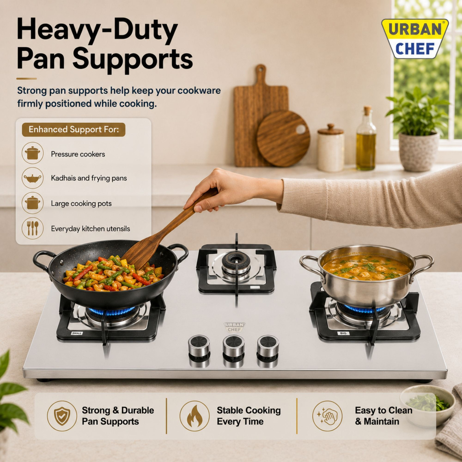 Image of Urban Chef Gas Stove 3 Burner | Gas Chulha for Kitchen | ISI Certified | Imperia Gas Stove| Stainless Steel Manual Hob