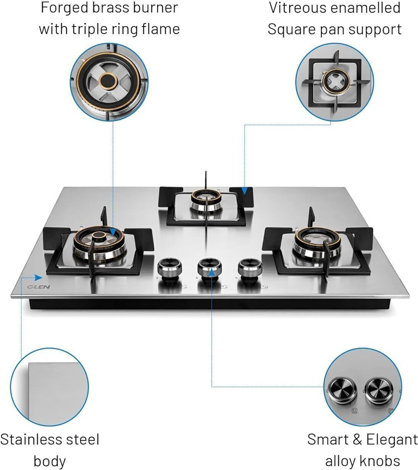 Image of Glen Ultra Tuff Stainless Steel Hob 70 CM | Auto Ignition | Forged Brass Burners | Stainless Steel Automatic Hob
