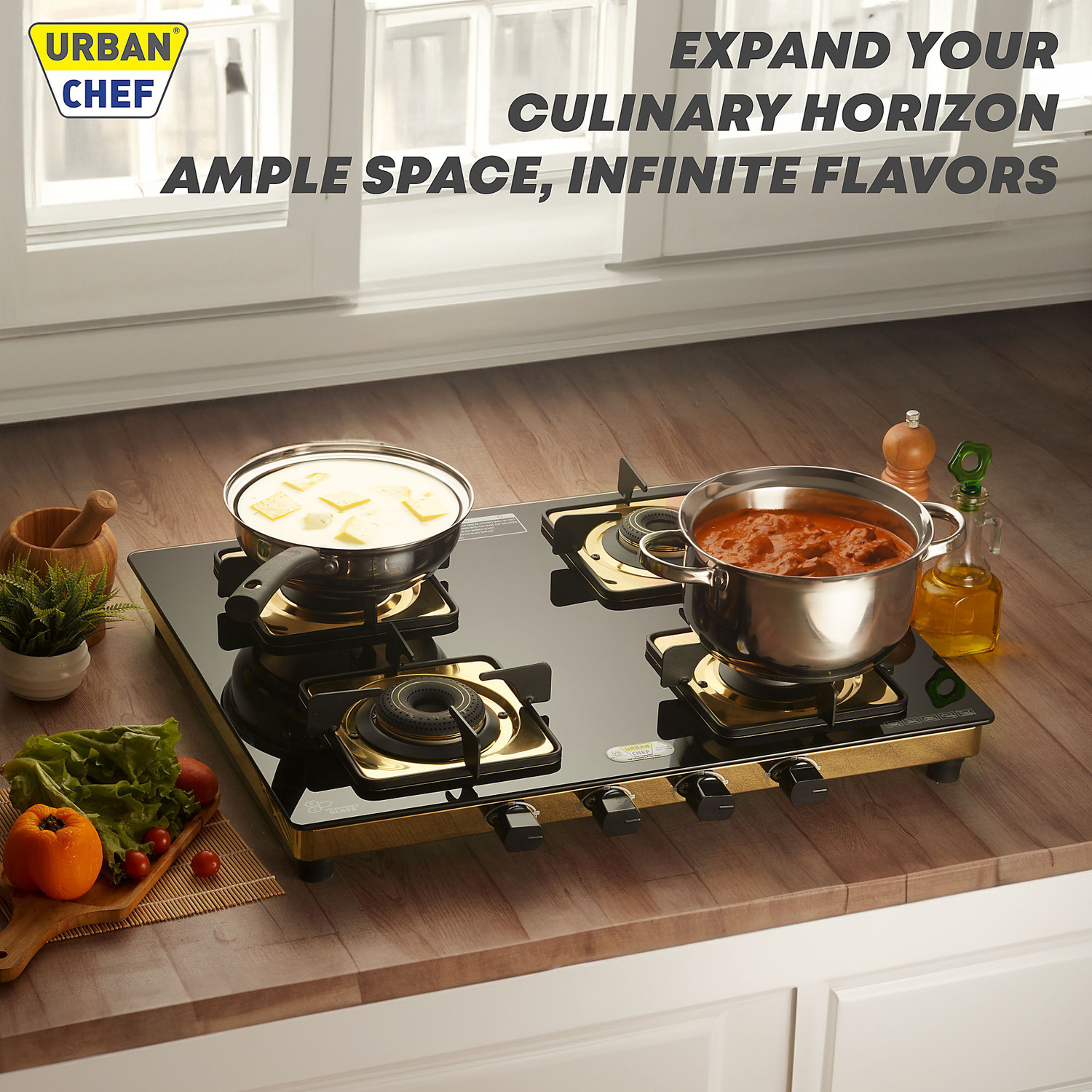 Image of Urban Chef Gas Stove 4 Burner | Gas Chulha for Kitchen | ISI Certified | Gold | Stainless Steel Manual Gas Stove