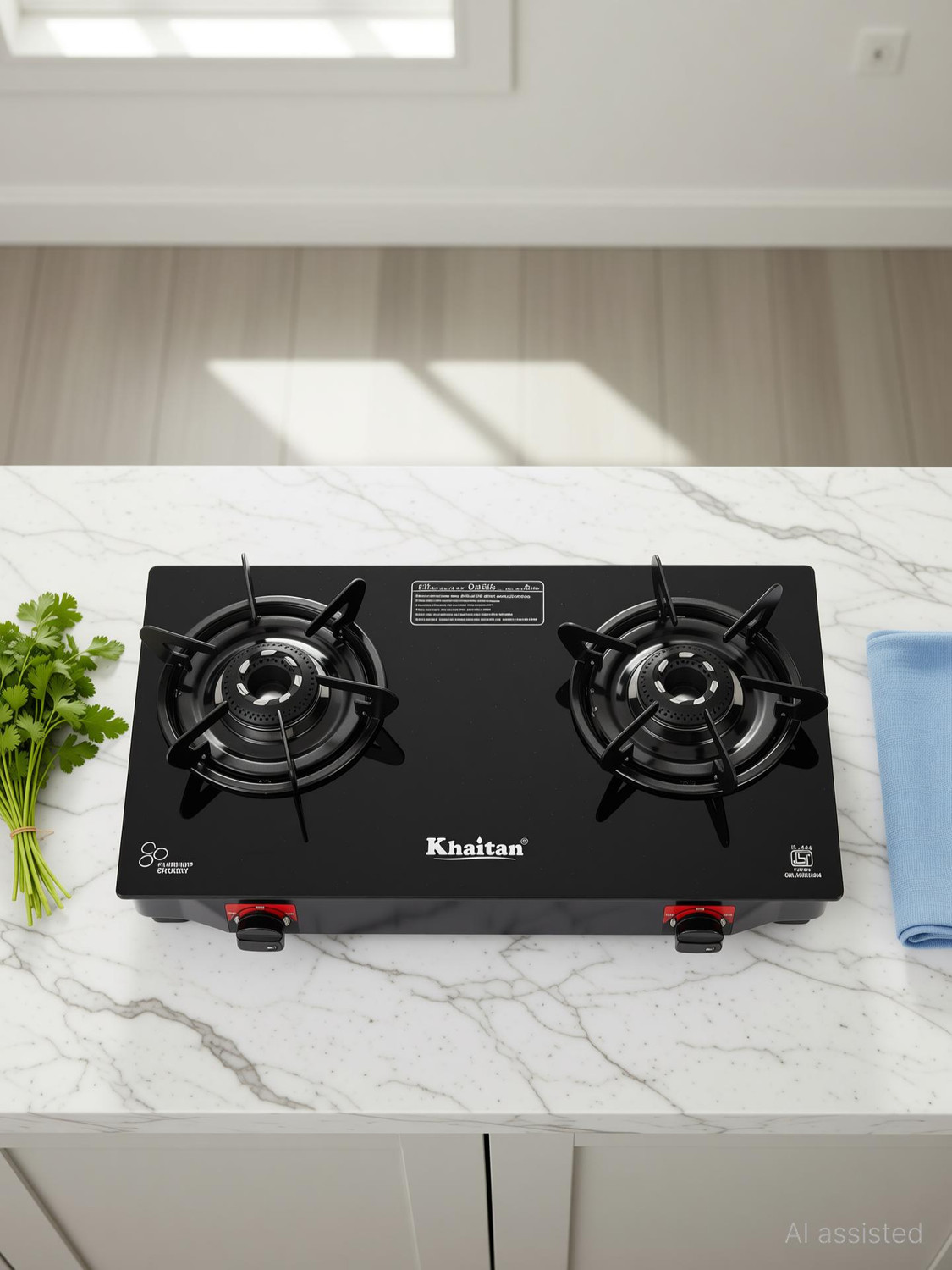 Image of Khaitan 2 Burner Selios Black Toughened Glass Manual Gas Stove