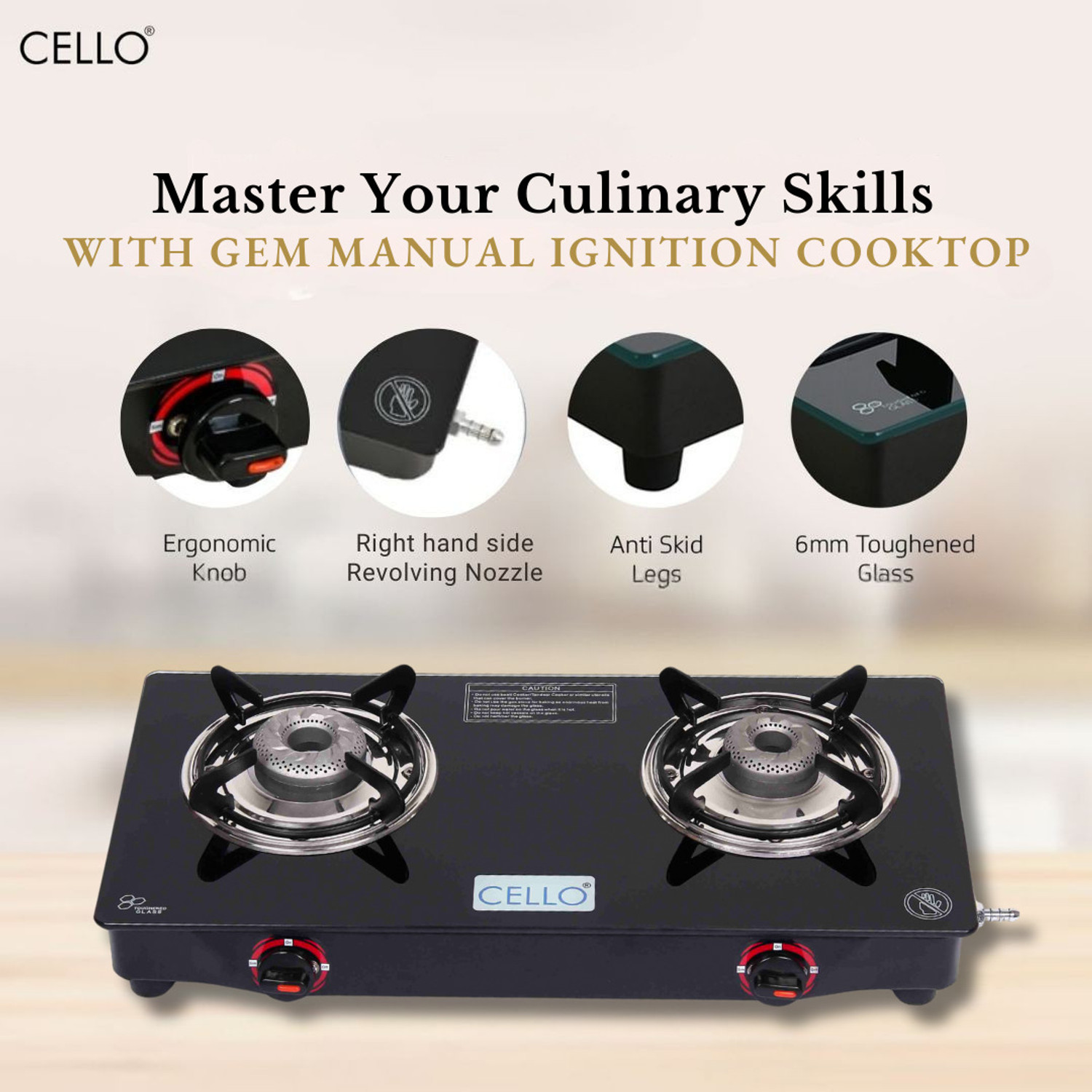 Image of CELLO Gem 2 Burner Black Gas Cooktop,Toughened Glass, ISI Certified, 1 Year Warranty Glass Manual Gas Stove