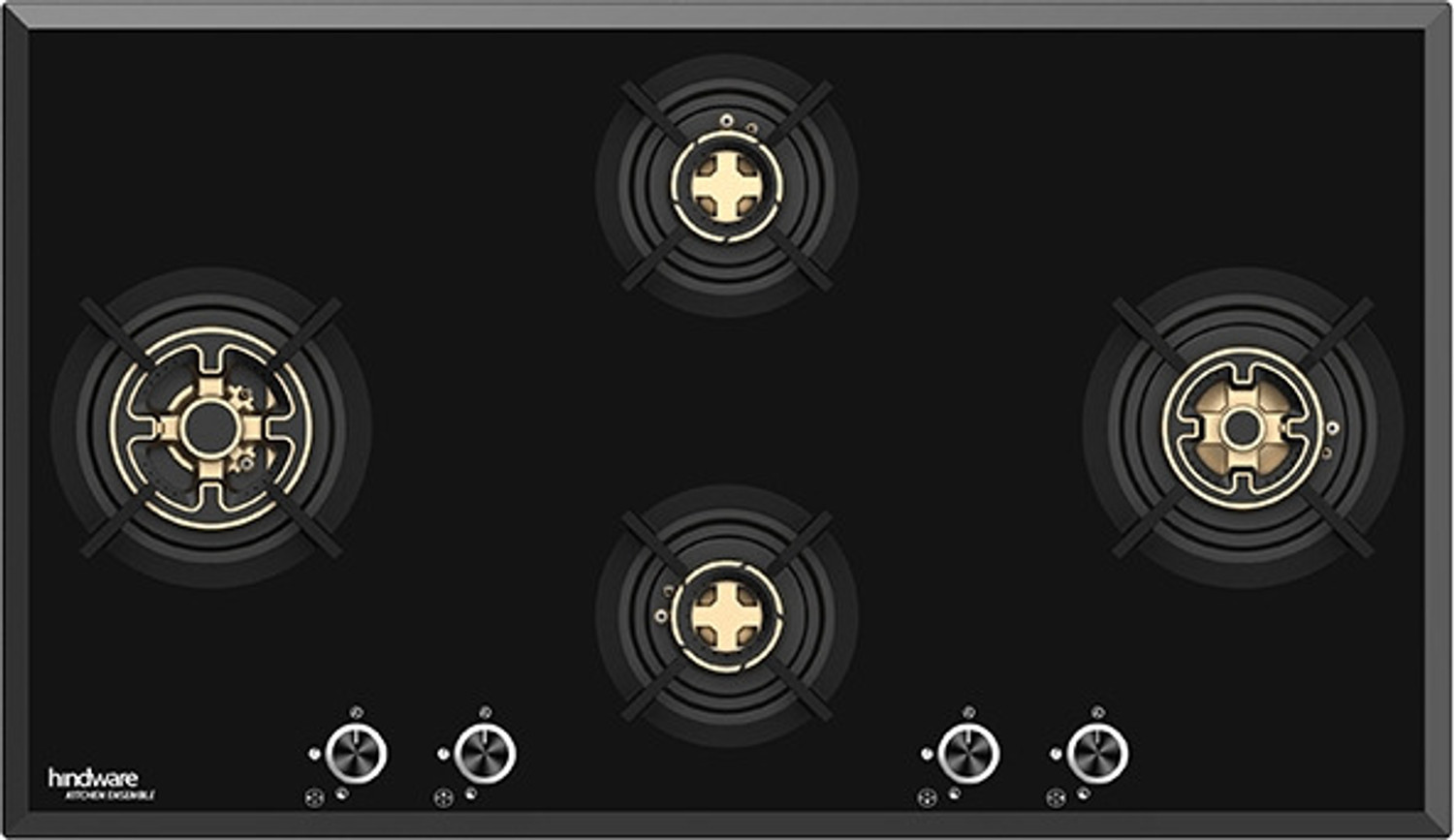 Image of Hindware VALERIA 4B 90 | Dual Brass Burner | Auto Ignition | FFD | Metal Knobs | Built in Glass Automatic Hob