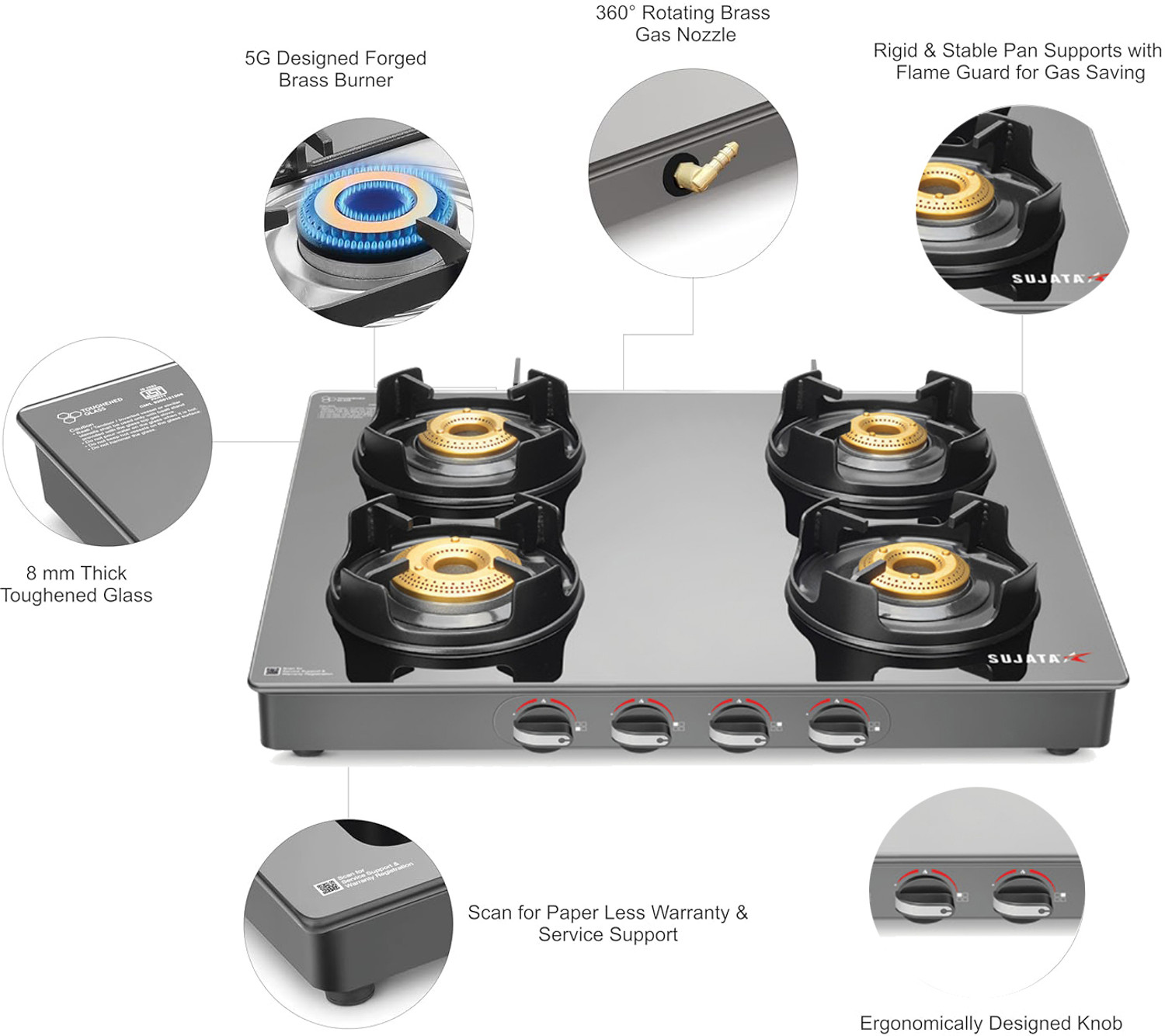 Image of SUJATA 9 Years Warranty| 5G Designed Forged Brass Burner, LPG & PNG Compatible Deluxe Glass Manual Gas Stove