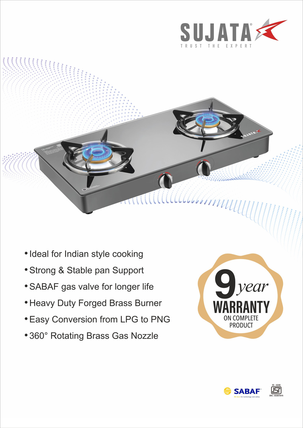 Image of SUJATA Gas Stove 2 Burner |Gas Chulha for Kitchen | ISI Certified |LPG & PNG Compatible Glass Manual Gas Stove