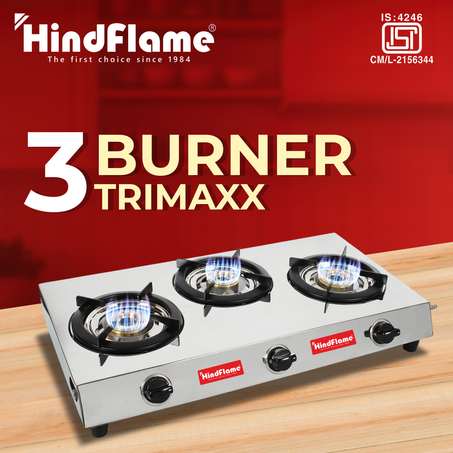 Image of Hindflame 3 Burner Tri maxx Stainless Steel Manual Gas Stove