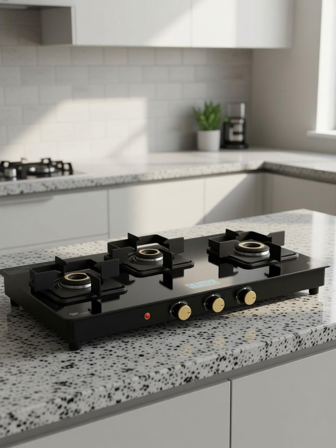 Image of CELLO Black Pearl 3 Burner Toughened Glass Top Gas Stove, Brass Burners, Black Finish Glass Automatic Gas Stove