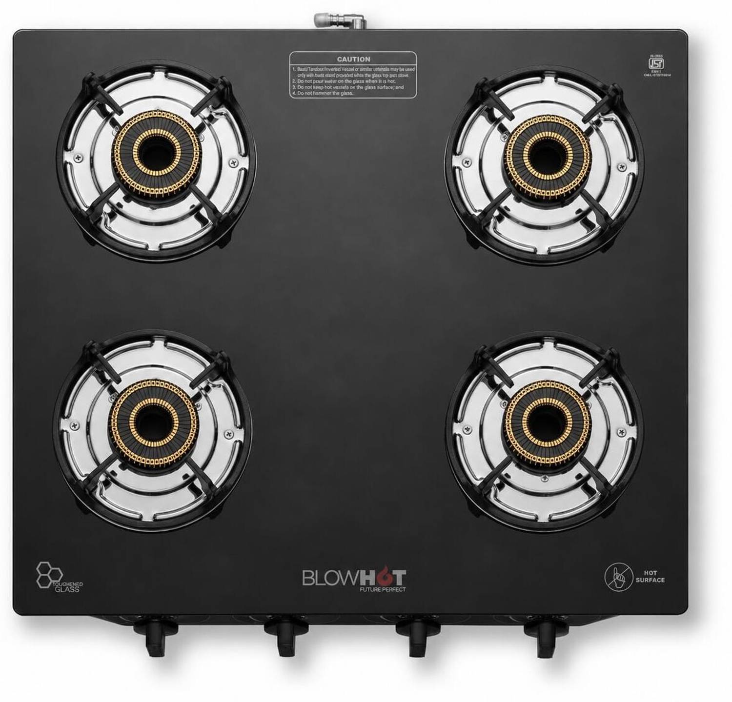 BLOWHOT Premium Emerald Auto Ignition Tornado Brass Burners, 2-Year Warranty, Toughened Glass, Iron Automatic Gas Stove