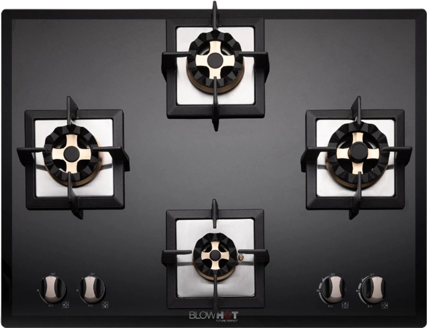 Image of BLOWHOT Prism Auto Ignition Brass Burner, Battery Operated Built - In, Gas Hob Toughened Glass, Aluminium Automatic Hob (4 Burners)
