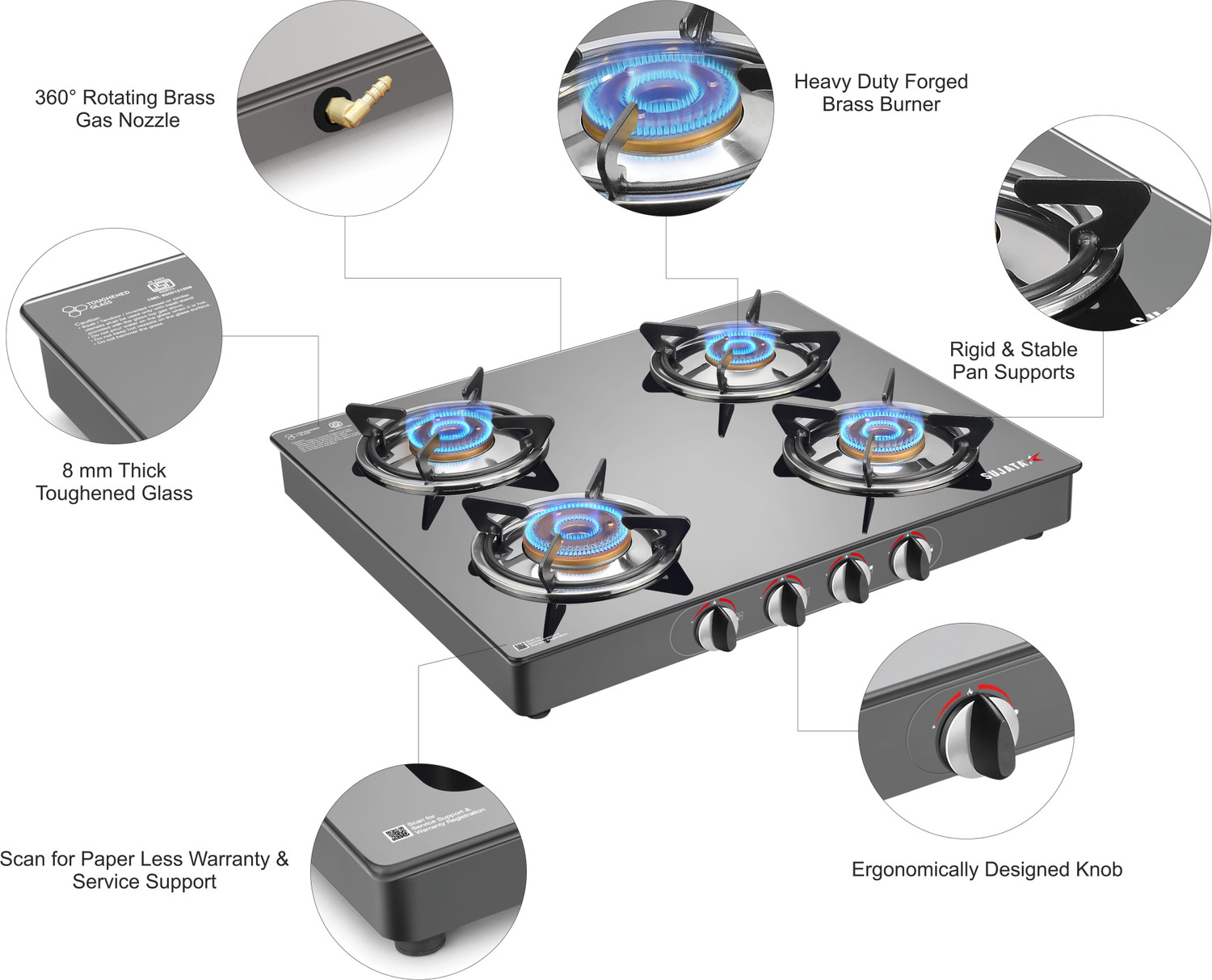 Image of SUJATA Gas Stove 4 Burner |Gas Chulha for Kitchen | ISI Certified |LPG & PNG Compatible Glass Manual Gas Stove