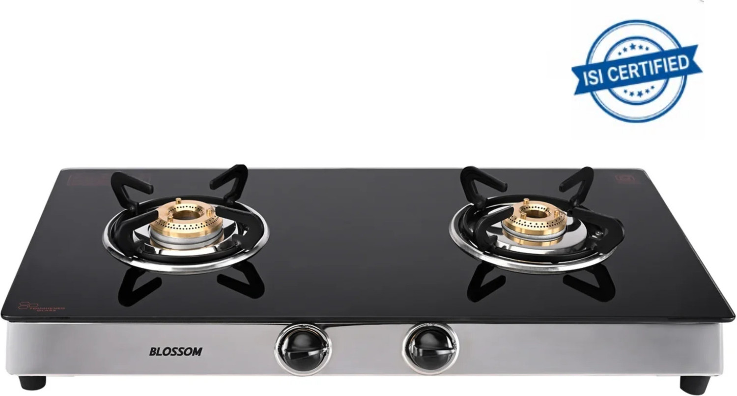 Image of BLOSSOM 2 Burner Black Glass Top Gas Stove with Brass Burners and Stainless Steel Manual Gas Stove (2 Burners)