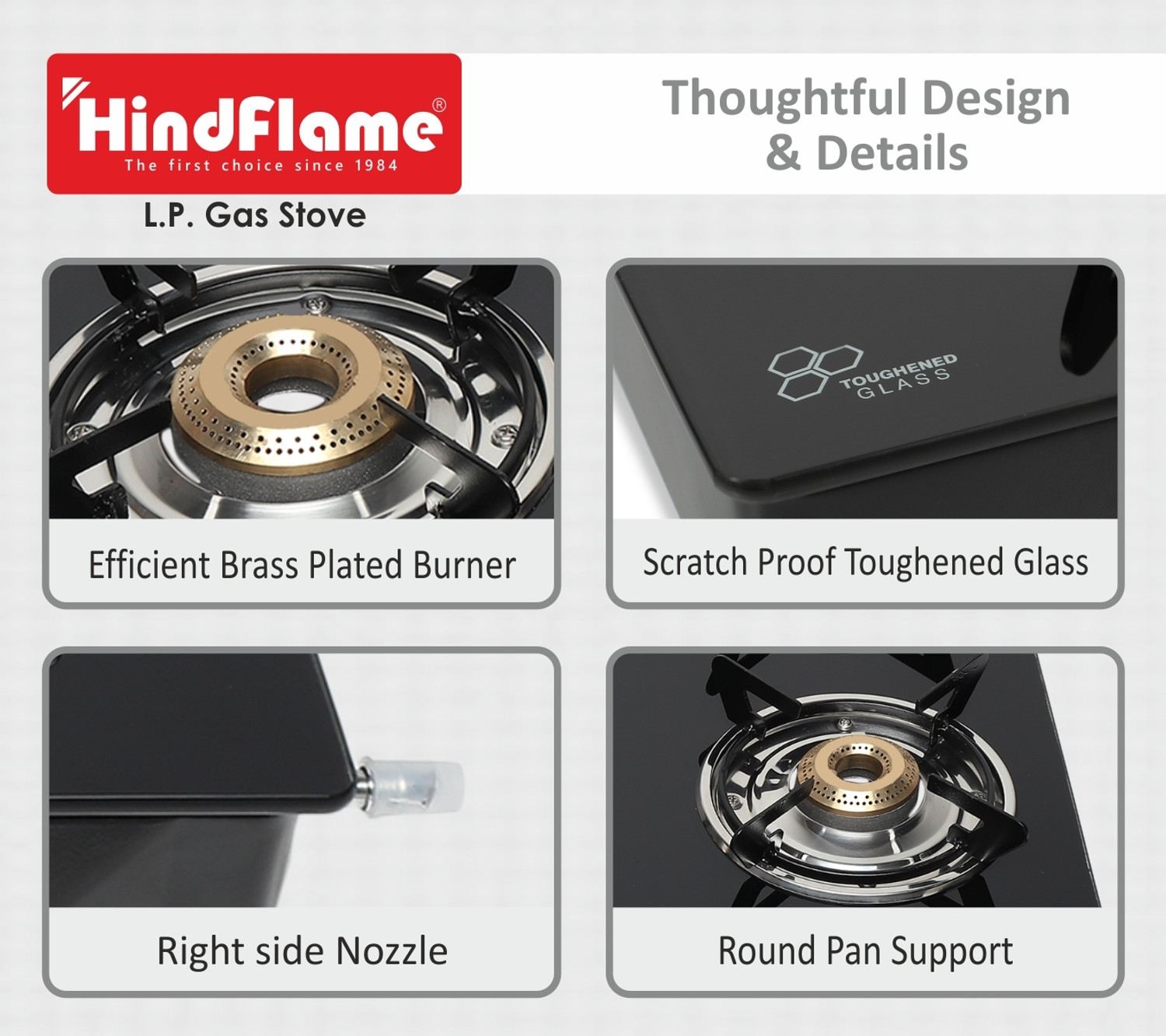 Image of Hindflame 4 Burner Pixel BP Black Toughened Glass Manual Gas Stove