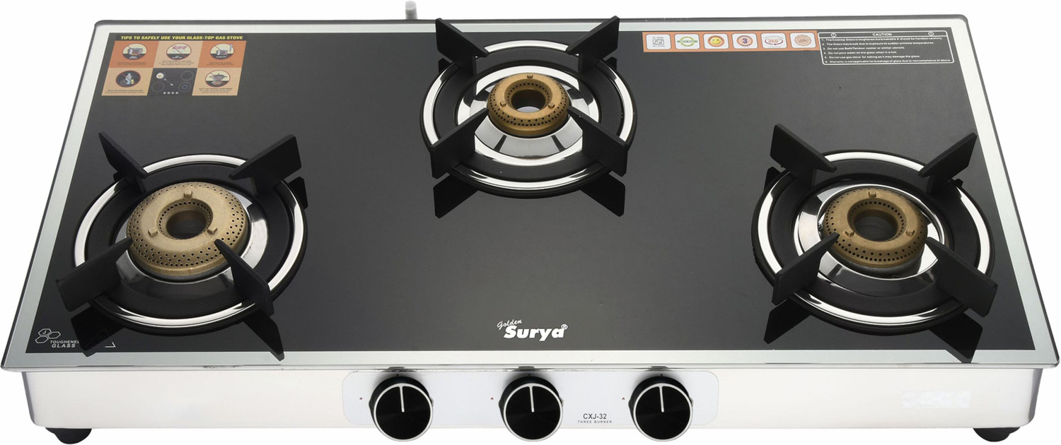 Image of Golden Surya Premium Toughened Glass Top, (ISI-Cerftified) Manual Ignition, Stainless Steel Manual Gas Stove