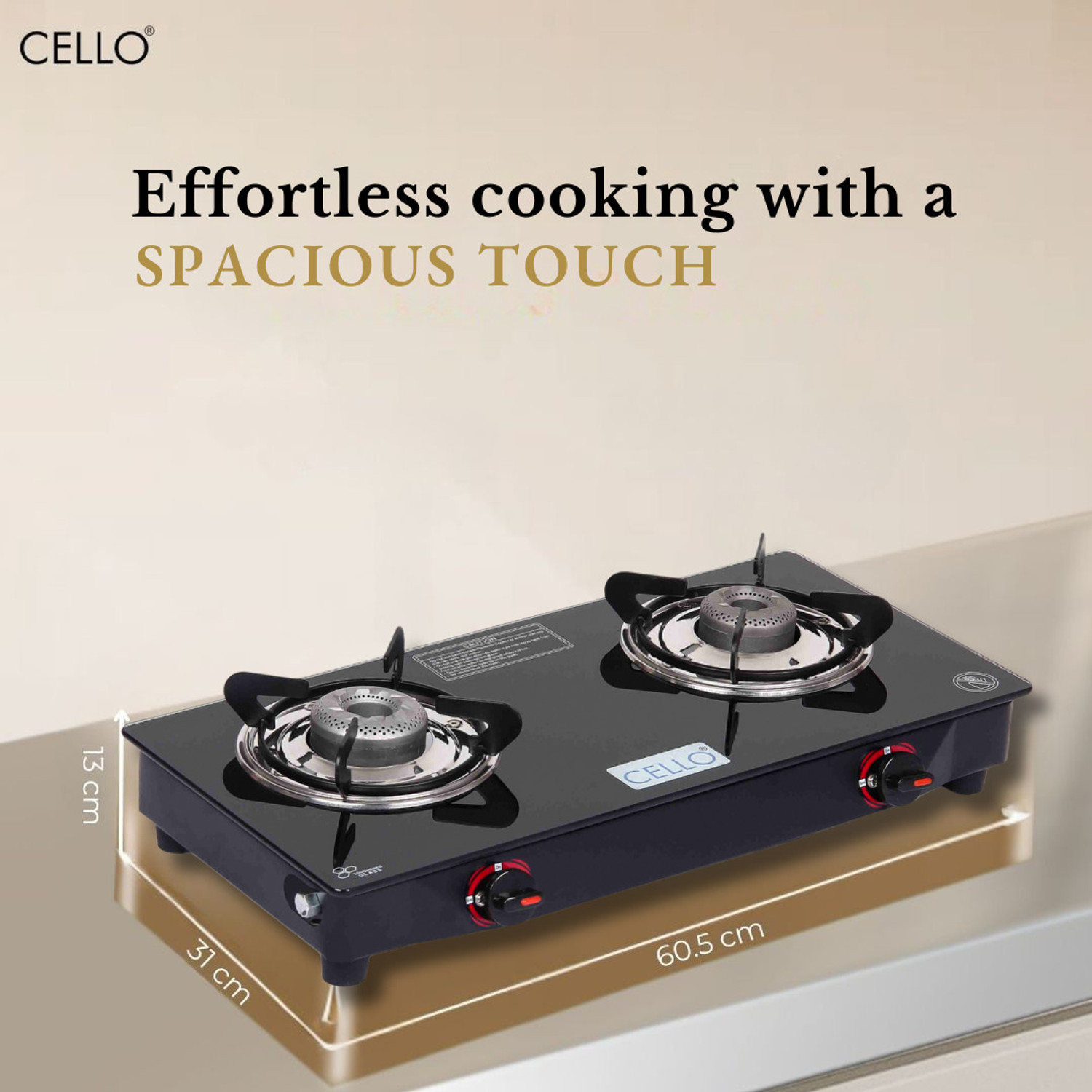 Image of CELLO Gem 2 Burner Black Gas Cooktop,Toughened Glass, ISI Certified, 1 Year Warranty Glass Manual Gas Stove