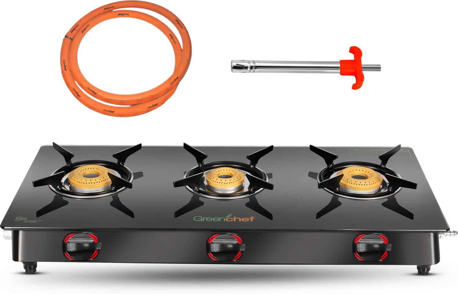 Greenchef Ebony Pro 3BR ( Hose Pipe + Lighter ) Glass Manual Gas Stove